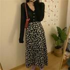 V-neck Cardigan / Floral Print Midi A-line Skirt