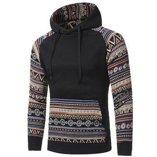 Long Sleeve Drawstring Pattern Panel Hoodie