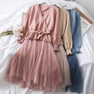 Set: Crop Knit Top With Sash + Patchwork Sleeveless Dress
