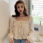 Long-sleeve Square-neck Crinkled Blouse Almond - One Size