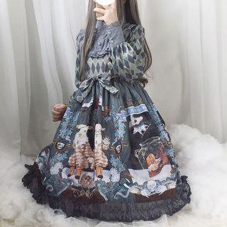 Set: Printed Long-sleeve A-line Dress + Bow Headband