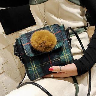 Pompom-accent Wool Plaid Shoulder Bag