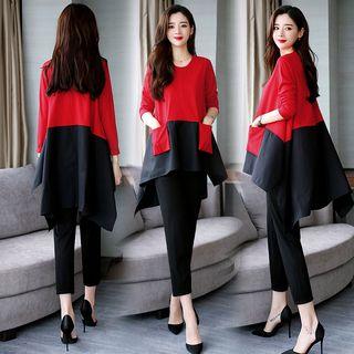 Set: Color Block Long-sleeve T-shirt + Cropped Pants