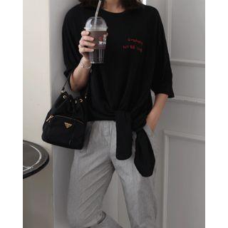 Tie-waist Lettering Embroidered T-shirt