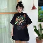 Elbow-sleeve Printed Qipao Top Black - One Size