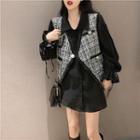 Long-sleeve Frill Trim Shirt / Asymmetric Tweed One Button Vest