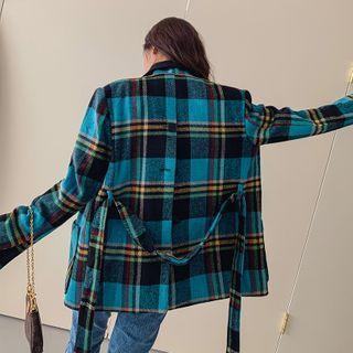 Slit-cuff Button-back Plaid Jacket With Sash