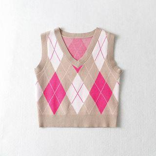 Argyle Sweater Vest Argyle - Pink & Gray & White - One Size