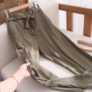Tie-waist Plain Straight Leg Pants