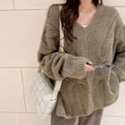 V-neck Oversize Cable Sweater Khaki - One Size