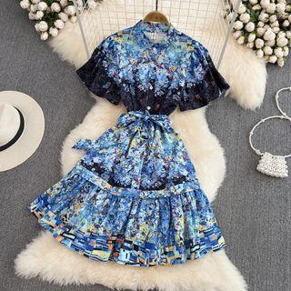 Short Sleeve Printed A-line Shirt Dress