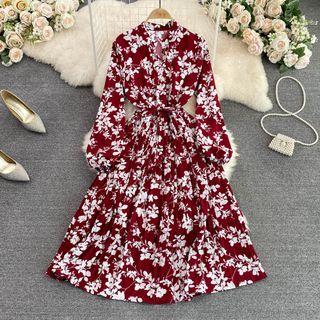 Long Sleeve Floral Pleated Maxi Dress