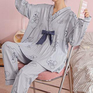 Loungewear Set : Long-sleeve Bow Bear Print Top + Pants