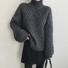 Mock-neck Puff-sleeve Rib-knit Sweater