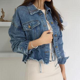 Drawstring-waist Fray-hem Denim Jacket Blue - One Size