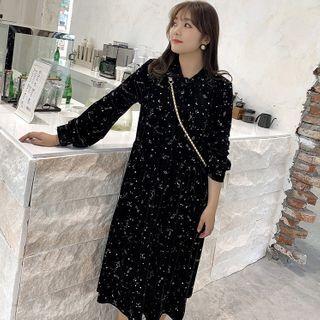 Long-sleeve Star Print Midi Collared Dress