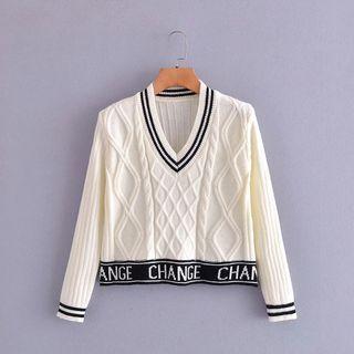 V-neck Lettering Cable Knit Sweater