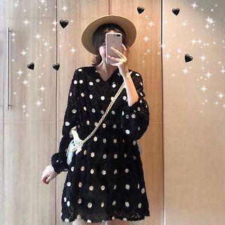 Long-sleeve Polka Dot Feather Mini Dress