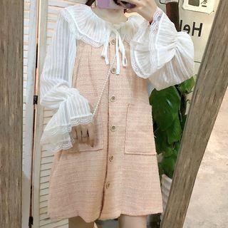 Lace Trim Striped Bow Blouse / Tweed A-line Pinafore Dress