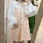 Lace Trim Striped Bow Blouse / Tweed A-line Pinafore Dress