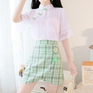 Set: Short-sleeve Ribbed Cheongsam Top + Plaid A-line Skirt