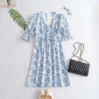 Floral Print V-neck Frill Trim Midi A-line Dress