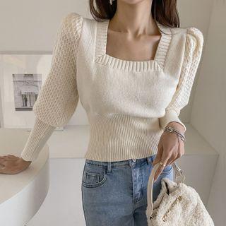 Mutton-sleeve Square-neck Knit Top