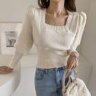 Mutton-sleeve Square-neck Knit Top