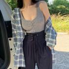 Wide Leg Pants / Plaid Shirt / Knit Tank Top