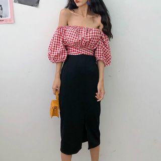 Plaid Off Shoulder Elbow Sleeve Cropped Top / Plain Midi Skirt