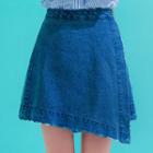 Diagonal-hem Denim Mini Wrap Skirt