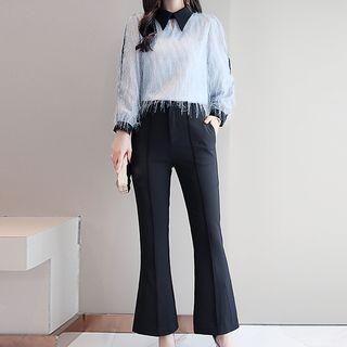 Set: Long-sleeve Fringed Blouse + Boot-cut Pants