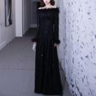 Off-shoulder Long Sleeve Feather Sequined A-line Evening Gown