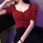 Short-sleeve Mini A-line Dress / Short-sleeve Bow Accent Blouse