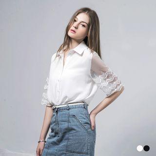 Lace-sleeve Chiffon Blouse Black - Xl
