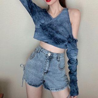 Tie-dye Off-shoulder Crop Top / Denim Tie-back Shorts