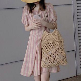 Puff-sleeve Plaid A-line Mini Dress