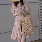 Puff-sleeve Plaid A-line Mini Dress