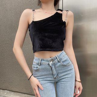 Asymmetrical Chain Crop Tank Top Black - One Size
