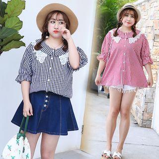 Elbow-sleeve Lace Panel Plaid Blouse