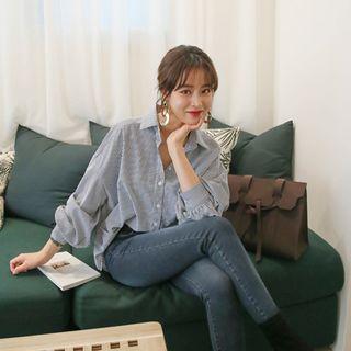 Balloon-sleeve Stripe Cotton Shirt