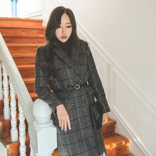 Double-breasted Herringbone Wool Blend Coat With Belt