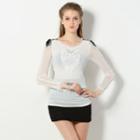 Long-sleeved Appliqué Rhinestone Top White - One Size