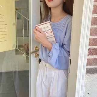 Long-sleeve Plain Pleated Blouse As Shown In Figure - One Size