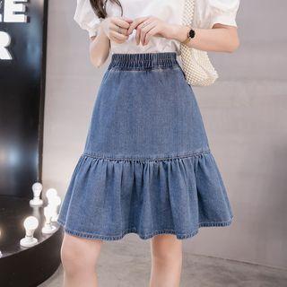 High-waist Ruffled Denim A-line Skirt