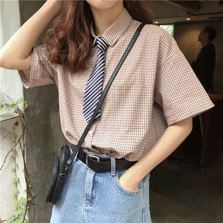 Plaid Elbow-sleeve Shirt With Tie