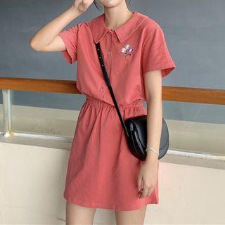 Set: Short-sleeve Embroidered Buttoned T-shirt + A-line Mini Skirt