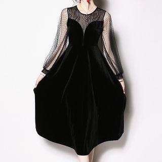 Lace Panel A-line Mini Velvet Dress