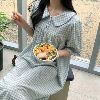 Short-sleeve Gingham Sleep Dress Dress - Gingham - Blue & White - One Size