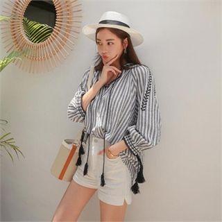 Tasseled Embroidered Striped Blouse